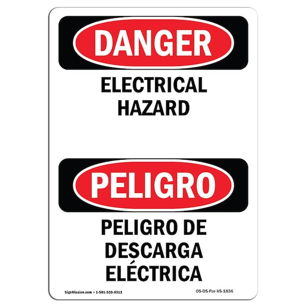 Safety Sign, OSHA Danger, 24" Height, Rigid Plastic, Electrical Hazard Bilingual Spanish